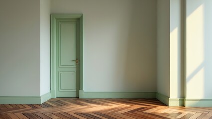 Obraz premium Fragment of classic interior featuring herringbone parquet flooring and a green door with skirting boards.