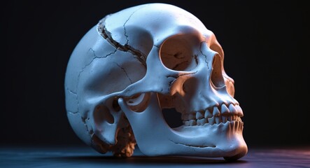 Obraz premium Fracture with fragmentation and displaced opposing edges on the right side of the alveolar process and hard palate, alveolar process, and left side of the symphysis.