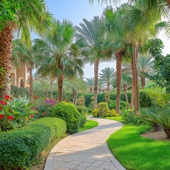Fototapeta premium Tropical Garden Pathway with Lush Greenery and Colorful Flowers for Idyllic Outdoor Living