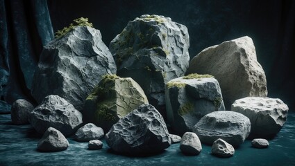 Fototapeta premium Collection of rocks or stones set against a dark background.