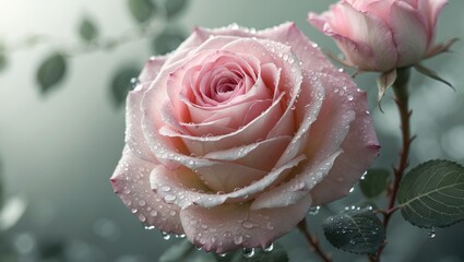 Close-up perspective of a lovely pink rose adorned with water droplets.
