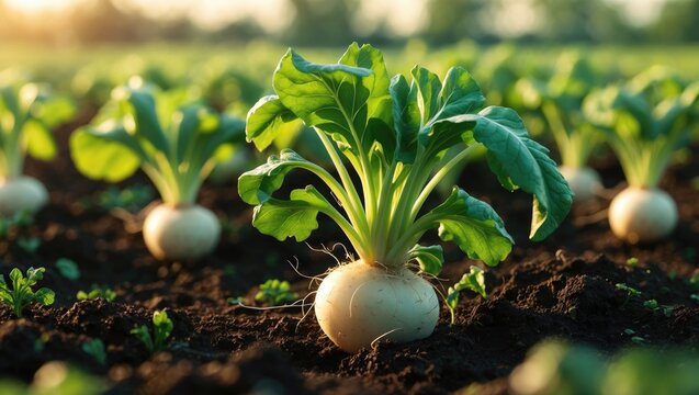 Closeup of radish in the organic cultivation field.