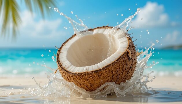 Tropical Coconut Water Splashing on a Sunny Beach Summer Vacation