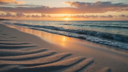 Fototapeta premium Closeup view of sea sand on a beach. Expansive beach landscape. Inspiring tropical beach seascape at the horizon.