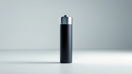 Closeup of black battery set against white background.