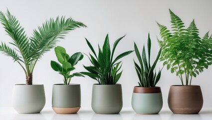 Five potted plants, which include palm and rubber varieties, displayed in neutral pots. Indoor greenery, potted plants, and decorative foliage arranged in a sequence. Potted plant features isolated...