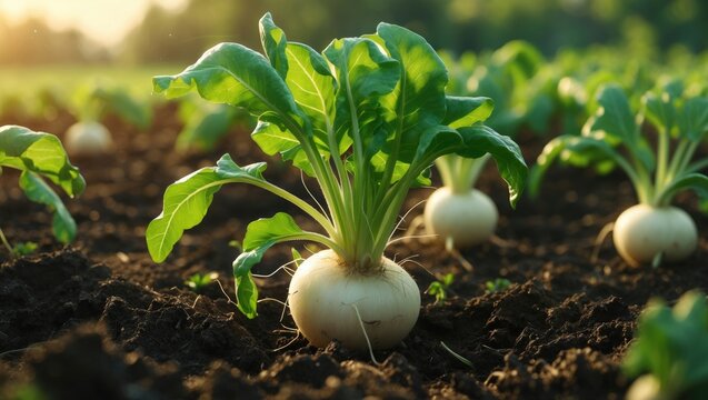 Closeup of radish in the organic growing field.