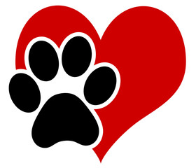 Red heart with black paw print symbolizes love for animals, caring for pets, animal welfare and charity. Logo for a veterinary clinic. © Andrew L