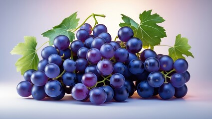 Fototapeta premium Collections of Ripe Grapes with Leaves, Isolated on Light Background