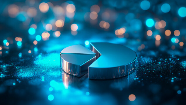 A sleek 3D silver pie chart set against a futuristic blue digital background, enhanced with soft bokeh lights and a tech-inspired glow.