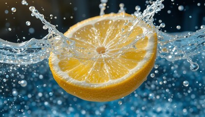 Refreshing Lemon Slice in Water Splash Vibrant Citrus Fruit Photography