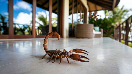 Small brown scorpion at luxurious Caribbean-style villa with large glass doors leading to a terrace