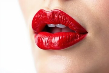 Fototapeta premium Close-up of vibrant red lipstick on pure white backdrop, perfect, shade, product