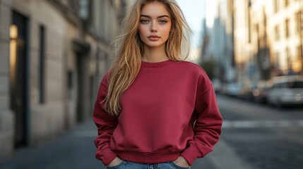Fototapeta premium Blonde woman in red sweatshirt on city street at sunset