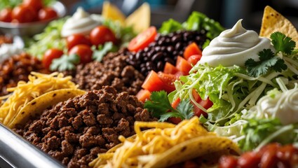 Close-up of various ingredients for tacos arranged on a salad bar.