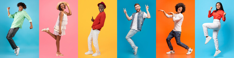 A joyful collage features a diverse group of happy individuals dancing and having fun. Their vibrant outfits and energetic poses reflect a positive lifestyle and carefree spirit.