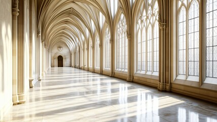 Bright and Spacious Hallway of a Parliament Building with Tall Arched Windows and Marble Flooring