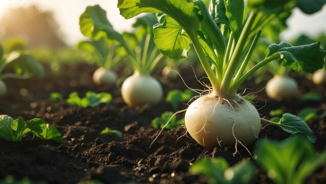 Close-up view of radish in the organic planting field.