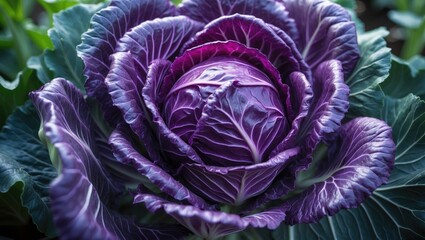 Obraz premium Fresh head of red cabbage with abundant leaves thriving in the garden. Aerial view, close-up. Organic farming, healthy food, back to nature theme.