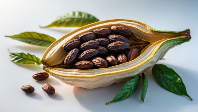 Cocoa beans inside a cocoa pod isolated on a white background. Clipping path.