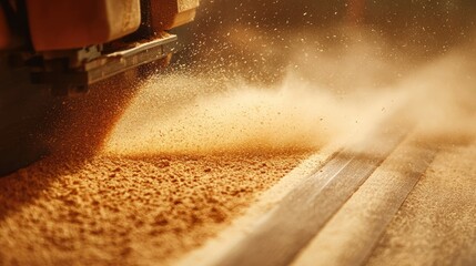 A circular saw slicing through wood, sending sawdust into the air.