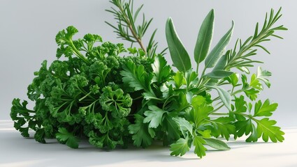 Obraz premium Freshly harvested herbs directly from my garden. Parsley, sage, rosemary, and oregano.