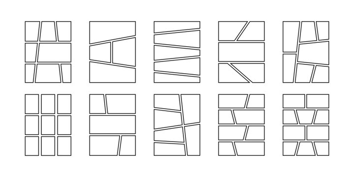 Set of cartoon book page templates. Anime comic page panels isolated on white background. Grids for manga storyboards. Layouts for photo collages, magazines or posters. Vector graphic illustration.