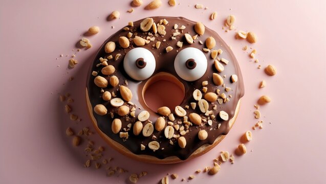 Funny shocked face chocolate peanut donut set against a pastel pink background, creative minimal concept. - Powered by Adobe