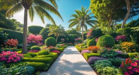Fototapeta premium Garden Landscaping Design featuring trees, shrubs, and flowers.
