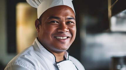 Smiling chef in uniform exudes warmth and professionalism, embodying culinary passion and expertise