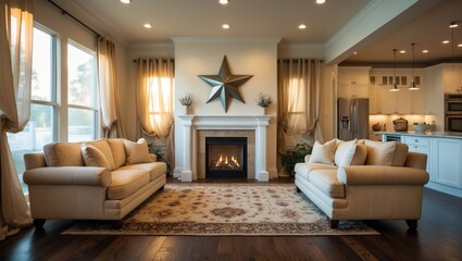 Furnished living room featuring a fireplace, hardwood flooring, and a rug. Equipped with a couch and love seat. Wall adorned with a large star. Area view included.
