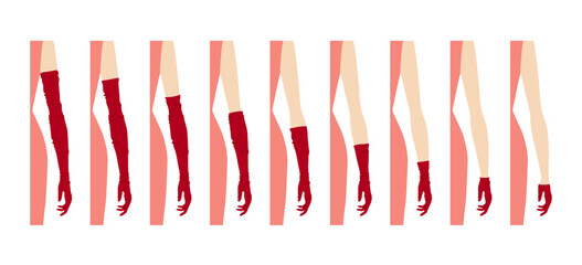 Set of Loose Gloves Length Chart diagram with name text cherry color cartoon Elbow Short Wrist Fashion hand accessory clothing technical illustration garment. Vector for Men women style flat template
