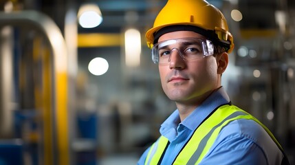 Confident industrial engineer in safety gear, embodying professionalism and workplace safety in a modern industrial setting