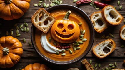 Delicious pumpkin soup garnished with sour cream, croutons, spices, and ingredients displayed on a wooden table.
