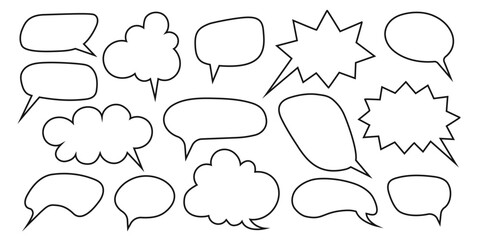 Set of cute speech bubble frames in doodle style. Empty dialogue balloons, text boxes, quote frames, conversation tags, message labels isolated on white background. Vector outline illustration.