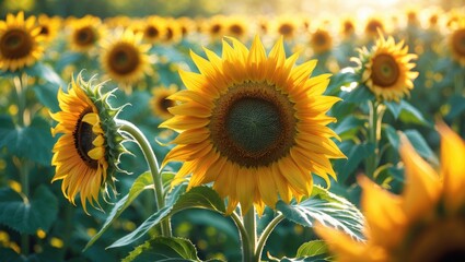 Fototapeta premium Closeup of a sunflower thriving in a field of sunflowers on a bright sunny summer day, sunflower natural background. Flower in bloom, stunning field of blooming sunflowers.