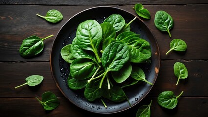 Obraz premium Fresh spinach leaves on a dark wooden background, viewed from above with space for text.
