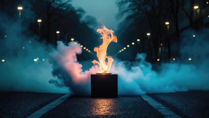 Dark street asphalt abstract blue background, empty scene with flames burning and smoke rising, showcasing interior texture for product display.