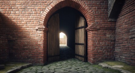 Obraz premium Gate of the Castle of the Order. Red brick wall and cobblestone.