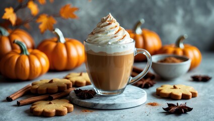 Fototapeta premium Cup of pumpkin spice latte topped with whipped cream, alongside cookies and ingredients on a table. Room for text.