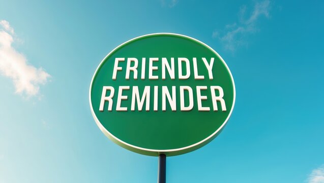 Friendly reminder sign within a green circular frame. Clear blue sky serves as the background.