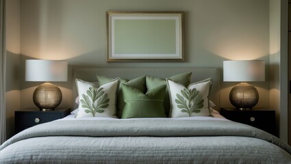Fototapeta premium Front view of a cozy bed featuring a beige duvet, green pillows, and lamps, with nightstands on each side and space for text.
