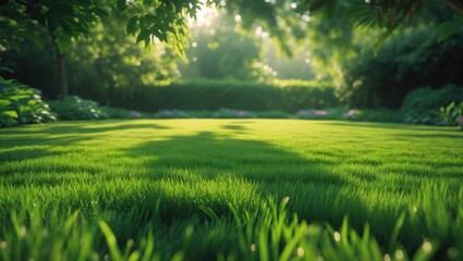Obraz premium Garden backyard park shady fresh lawn green wide background or texture. Family picnic area green space. Meadow banner. Lawn created from turf or sod. Selective focus.