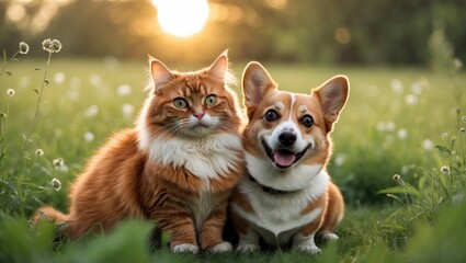 Obraz premium Furry companions, a red cat and a happy corgi dog, are sitting side by side in a green meadow on a sunny day.