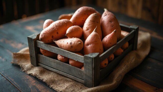 Fresh raw sweet potatoes in a wooden crate viewed from above on a table.