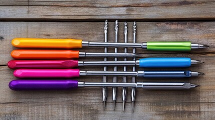 Fototapeta premium A collection of screwdrivers with colorful handles organized on a wooden background.