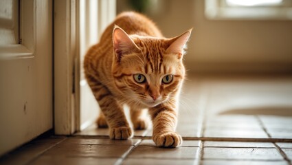 Curious cat exploring at home, playing hide and seek.