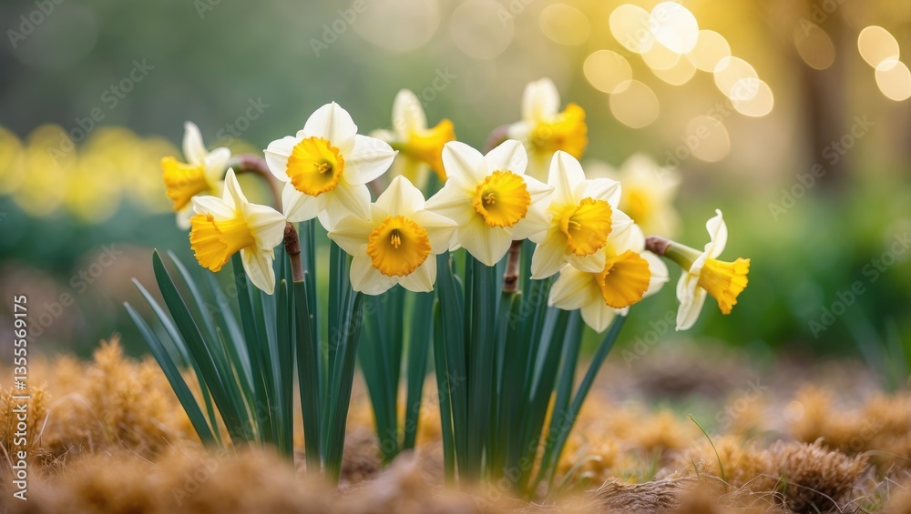 Aufkleber Daffodils in a stunning natural setting with bokeh in the background.
