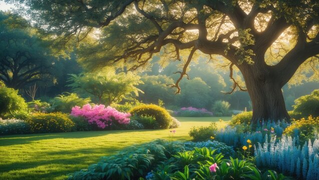 Dappled sunlight illuminates the grassy area of a shady park abundant with native plants.