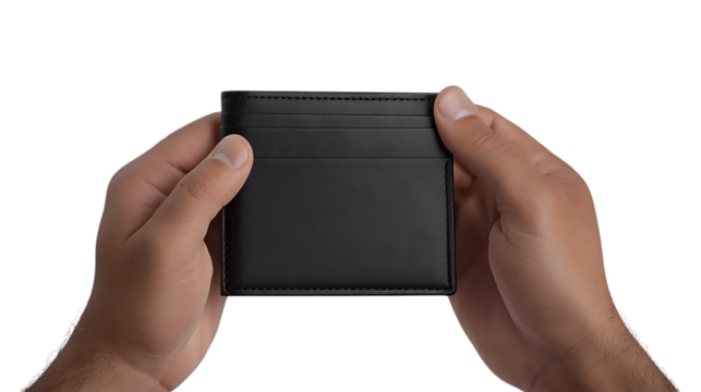 Empty black wallet in male hands isolated on png